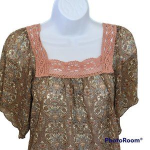 H.I.P. Women's L Tan Floral Tunic Top w/ Bell Sleeves, Square Crochette Neck EUC